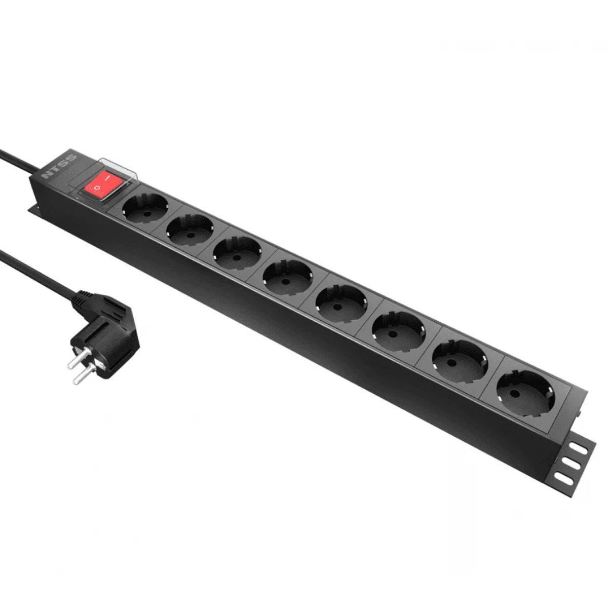 Блок розеток NTSS 19'' 1U, 8×Schuko CEE 7/7, 16A, 3.7 кВт, алюминий, кабель 1.8 м, вилка Schuko
