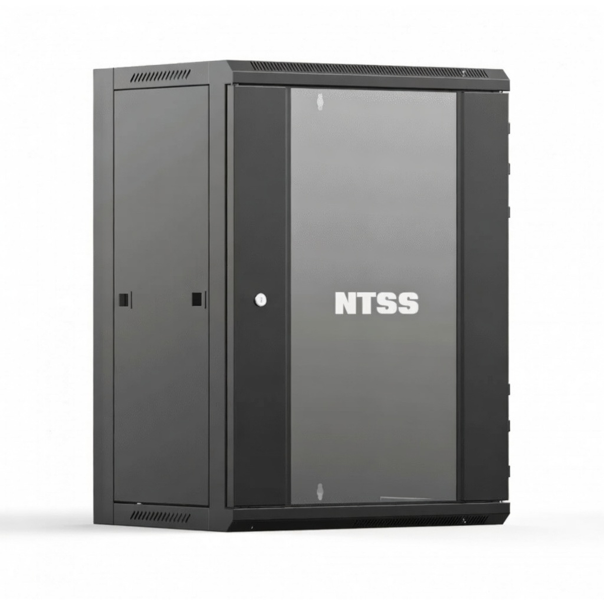 Телекоммуникационный настенный шкаф 19" NTSS W 15U 600х450х770 мм, стеклянная дверь, съемные боковые панели, задняя стенка, 2 профиля, разборный, черный RAL 9005