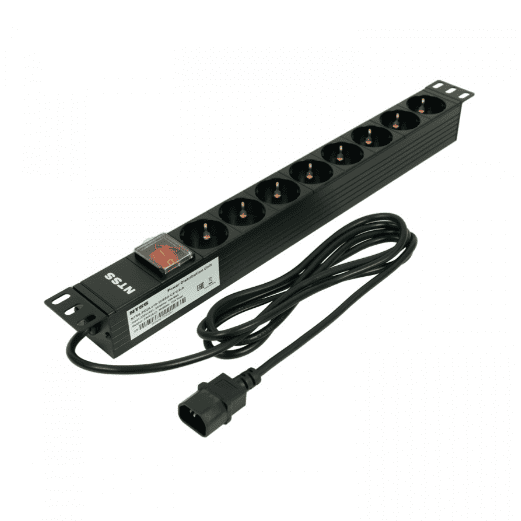 Блок розеток NTSS, 19", 1U, алюминий, 1ф10A, 2.3кВт, (8) Schuko, выкл. с подсв.и крыш., 2м каб., вх. С14