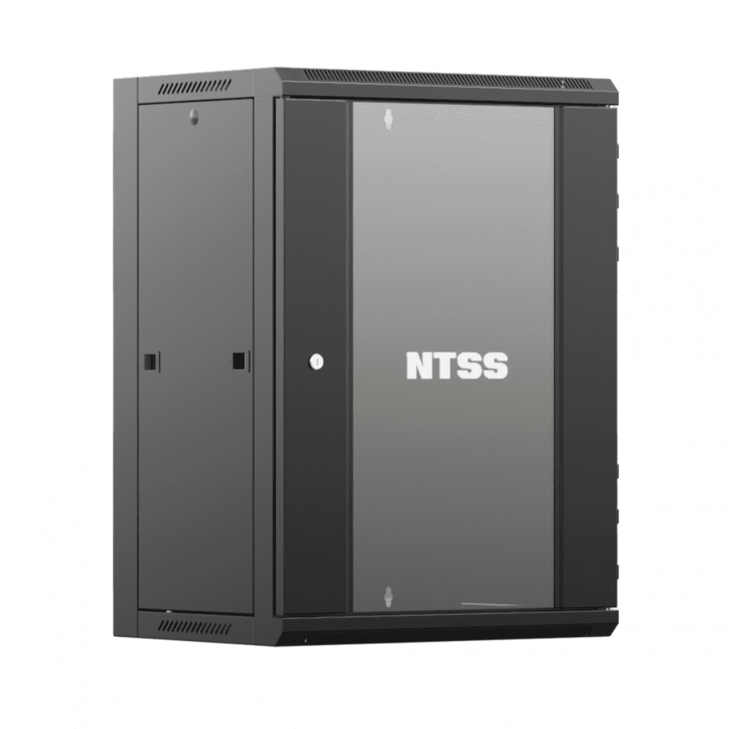  Шкаф настенный телекоммуникационный NTSS W 15U 600х450х770мм, 2 профиля 19, дверь стеклянная, боковые стенки съемные, задняя стенка, разобранный, черный RAL 9005
