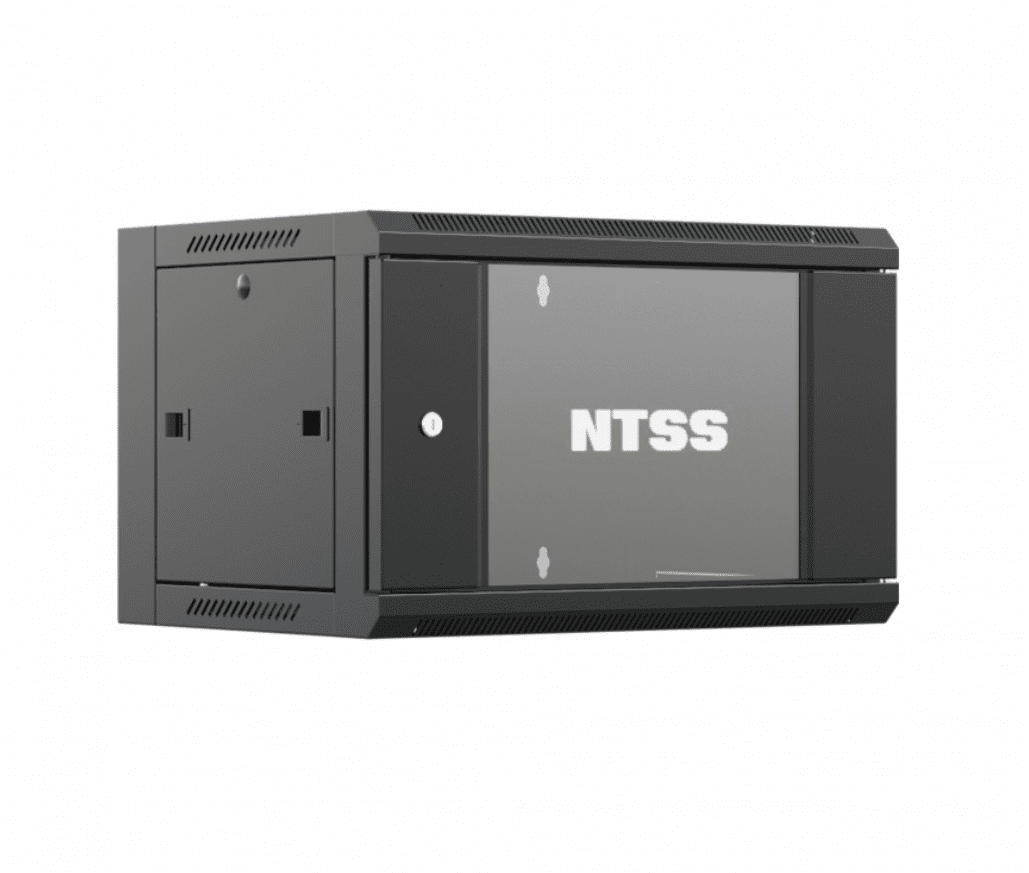 Шкаф настенный телекоммуникационный NTSS W 9U 600х600х500мм, 2 профиля 19, дверь стеклянная, боковые стенки съемные, задняя стенка, разобранный, черный RAL 9005
