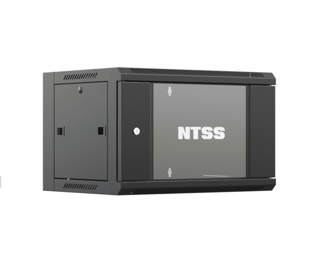 Шкаф настенный телекоммуникационный NTSS W 6U 600х450х370мм, 2 профиля 19, дверь стеклянная, боковые стенки съемные, задняя стенка, разобранный, черный RAL 9005