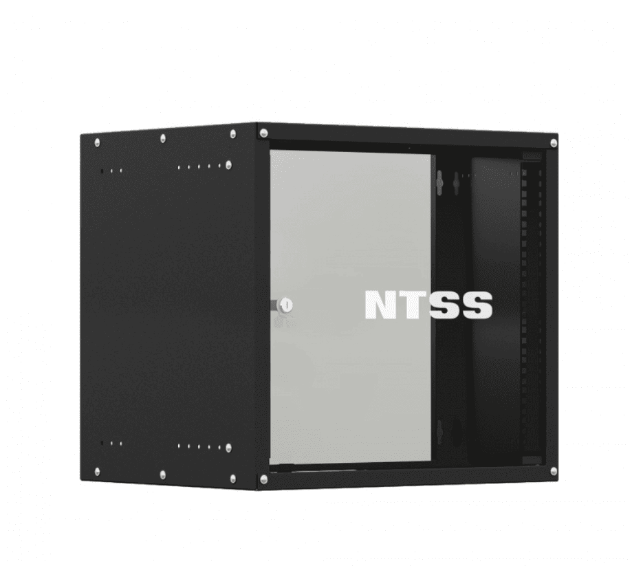 Шкаф настенный телекоммуникационный NTSS LIME 9U 550х600х500мм, 2 профиля 19, дверь стеклянная, боковые стенки несъемные, разобранный, черный RAL 9005