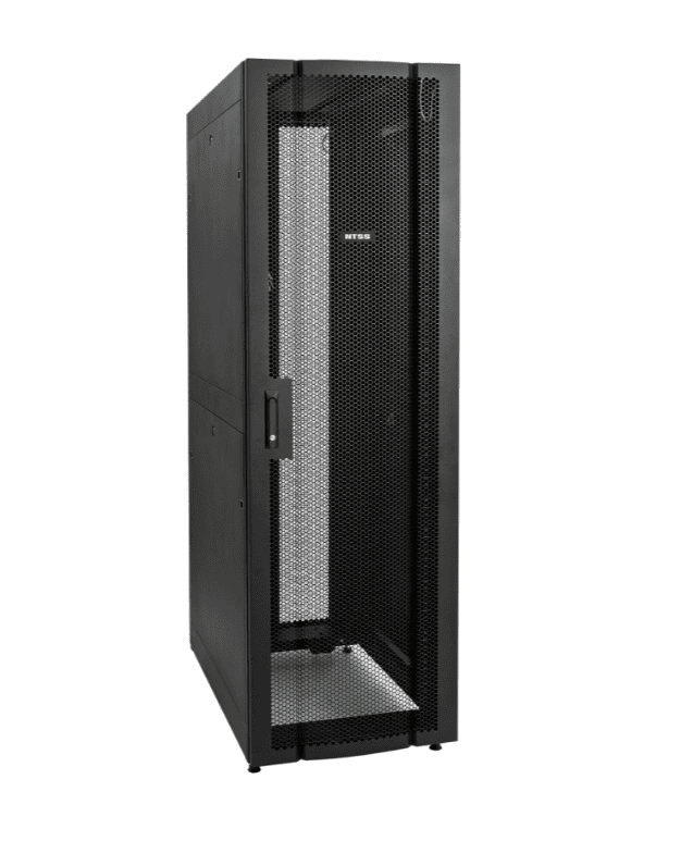 Шкаф напольный серверный NTSS ПРОЦОД DS 42U 600х1070мм, двойные боковые стенки, панель потолка с щеточными вводами, двери перфорированная и перфорированная двухстворчатая, без панели пола, регулируемые опоры, ролики, черный RAL 9005